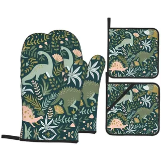 Niedliche Dinosaurier-Ofenhandschuhe und Topflappen, 4er-Set, lustige, hitzebeständige Ofenhandschuhe mit heißen Pads, heiße Pads für Küche, Kochen, Backhandschuhe