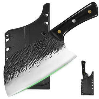 FULLHI Metzgermesser, Mehrfarbiger Holzgriff Full Tang Kochmesser mit Scheide, Hochkohlenstoffstahl Fleisch schneiden Küchenmesser für Outdoor, Camping BBQ (Schwarz, Serbisches Kochmesser)