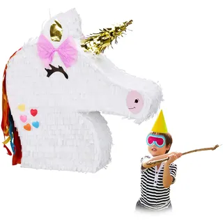 Relaxdays Einhorn Pinata 2er Set, zum Aufhängen, Kinder, Mädchen, weiß
