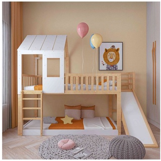 Ulife Etagenbett Hausbett Kinderbett Einzelbett Gästebett, mit rechtwinkliger Leiter und Rutsche Hausbett Dach beige