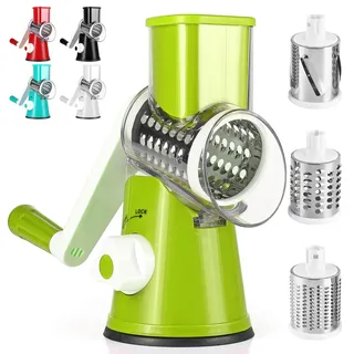 Dreamhigh® Käsereibe mit Kurbel, Gemüseschneider 3 Edelstahl Austauschbaren Trommelklingen, Manuelle Trommelreibe, Gemüsehobel, Starke Saugwirkung, Ideal für Gurken, Käse, Nüsse, Karotten, Grün