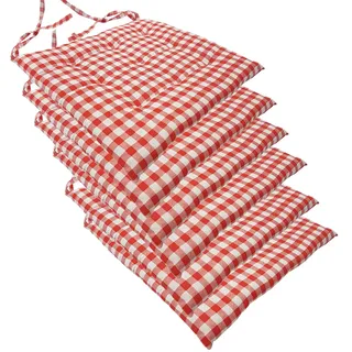 NYVI Stuhlkissen 40x40 cm ComfySeat Rot Weiß kariert 6er Set - Sitzkissen mit Bändern/Schleife, 9-fache Steppung - Indoor & Outdoor - Gartenstuhlkissen aus Baumwoll-Mischgewebe - ÖkoTex 100