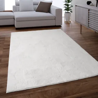 Paco Home Teppich Wohnzimmer Schlafzimmer Kunstfell Shaggy Hochflor Flauschig Soft Einfarbig Weiß, Grösse:120x160 cm