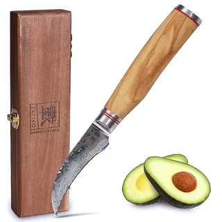 zayiko Olive Damastmesser Schälmesser 7 cm Klinge I aus 67 Lagen I Damast Küchenmesser und Profi Kochmesser aus echtem Damaststahl mit Hammerschlag & Olivenholz Griff