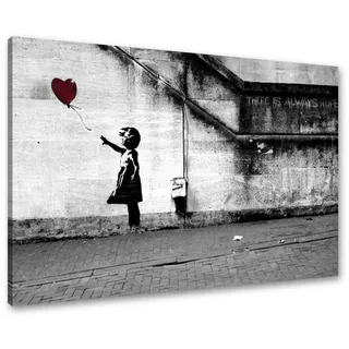 Visario Leinwandbild Banksy There is Always Hope 80x60 cm 4165 Wandbild Street Art Graffiti Mädchen Ballon Kunstdruck auf Leinwand Holzrahmen fertig aufgespannt Wanddekoration Modern Wohnzimmer Büro
