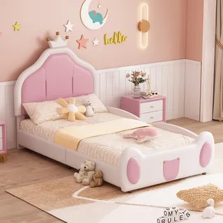 FAVSH Kinderbett Mädchen 90x200 cm, Prinzessinnenbett für Mädchen mit Kronen-Kopfteil im Prinzessinnen-Stil, Einzelbett aus Kunstleder, Jugendbett für Kinder und Jugendliche, Weiß