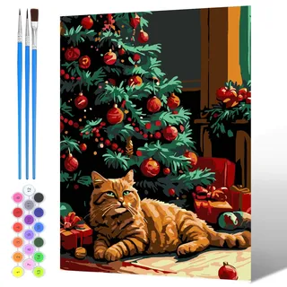 NAIMOER Weihnachten Malen Nach Zahlen Erwachsene, Malen Nach Zahlen Katze für Kinder mit Pinseln Pigment für Anfänger Jungen Mädchen Geschenk Wohndekoration 30x40cm