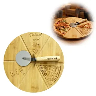 SUNUCO Personalisierter Holz Pizzateller 30x30x1cm Inkl. Pizzaschneider, Robustes holz Servierbrett. Individuelles Geschenk für Hochzeit, Jubiläum, Geburtstag, Verlobung oder gemütliche Pizzaabende.