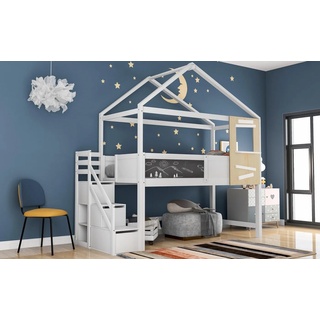 Merax Kinderbett Heidi, 90x200 cm, Hausbett mit Rausfallschutz und Lattenrost, Etagenbett für Kinder inkl. Treppe und Tafel, Spielbett Hochbett aus Massivholz, großer Stauraum weiß
