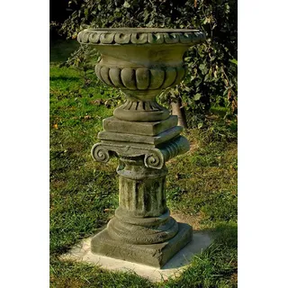 Casa Padrino Barock Blumentopf mit Säule Grau Ø 55 x H. 99 cm - Prunkvoller Pflanzentopf mit Gartensäule im Barockstil - Barock Garten Deko Accessoires