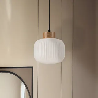 Hängeleuchte Harmony, Ø 20 cm, Opalglas, Eichenholz, E27