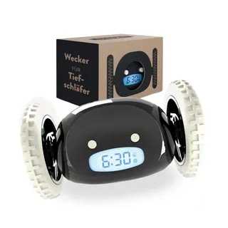 CLOCKY Lauter Wecker Digital Wecker Laut für tiefschläfer Erwachsene Jugendliche Lustig für schwerhörige schwere Schläfer auf Rädern Weglaufen Fahrender Springen Wegrollen Lustiges Geschenk (Schwarz)