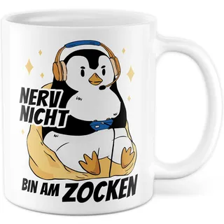 Tasse Zocken Geschenk, Nerv nicht - Bin am zocken Geschenkidee Gamer Kaffeetasse mit Spruch lustig Kaffee-Becher Gaming Kinder Tasse Computerspiele Zocker Teetasse Pinguin-Motiv (Weiß)