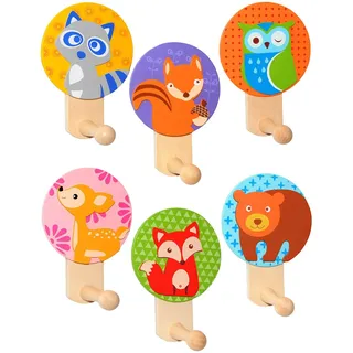 alles-meine.de GmbH 1 Stück Garderobenhaken - Bunte Tiere/Waldtiere - aus Holz - Wandhaken/Kindergarderobe mit 1 Kleiderhaken - Kind Wandgarderobe - für Innen und Außen..