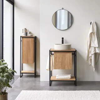 Waschtisch 60 cm aus Metall und Teakholz Materialmix industrieller Stil Einzel