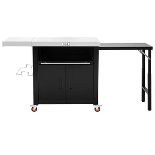 Feasto Grillwagen mit Schrank, Servierwagen mit 2 Klappbarer Beistelltisch, Grilltisch mit ausziehbare Ablage, für Pizzaofen, Außenküche, 188x66x92 cm