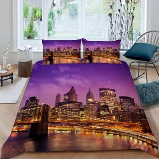 RFFLUX 3D New York Bettwäsche Set 135x200 cm 2teilig mit Reißverschluss Weiche und Angenehme Schlafkomfort Microfaser Bettbezug Modern Stadt Landschaft Kinderbettwäsche mit Kissenbezug 80x80 cm