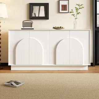 RAPRAP Moderner Weiss Sideboard mit Gewölbten Türpaneelen, 4 Türen, 160 cm Sideboard für Wohnzimmer, Esszimmer, Flur, MDF-Konstruktion mit matter Oberfläche,Weiß,F