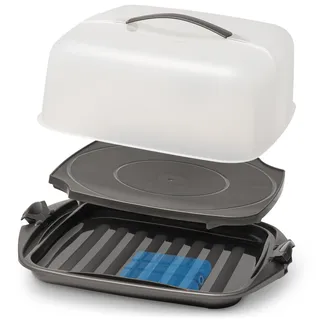 Hausfelder Kuchen Transportbox mit Kühlakku quadratisch – Tortenbehälter Tortenhaube Tortenträger 28,5 x 28,5 x 13,5 cm – Tortenbox mit Deckel & 2-Klick-Verschluss – Blechkuchen, Muffins, Gugelhupf