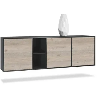 Vladon Sideboard Cuba (Kommode, mit 3 Türen und 2 offene Fächer), Schwarz matt/Eiche Nordic (182 x 53 x 35 cm) braun