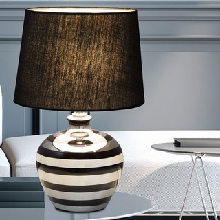 Tischlampe Keramik mit Schirm Nachttischlampe silber schwarz Tischlampe Keramikfuß, Textilschirm Kabelschalter, 1x E14, DxH 20 x 31 cm