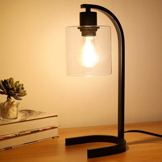Depuley LED Industrial Tischlampe Schwarz, E27 Tischleuchte Vintage, Retro Nachtischlampe mit Glasschirm, Druckschalter Schreibtischlampe für Schl...