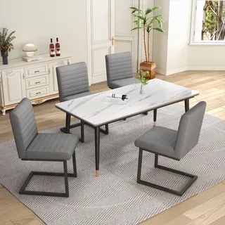 Merax Schwingstuhl 4er-Set, Moderner Esszimmerstühle mit Metall-Stützbeinen, bequemer Freischwinger Stühle für Wohnzimmer, Schlafzimmer, Kunstleder, Grau