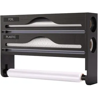 Frischhaltefolie Abroller Frischhaltefolienspender aus Holz Mit Küchenrollenhalter Schwarz Wand 3 in 1 Folienschneider für Rollen mit Einer Breite von 30,7cm oder weniger