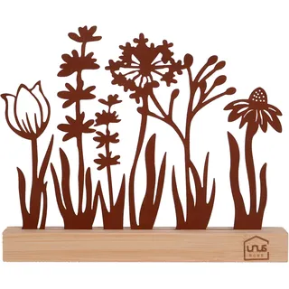 UNUS Aufsteller Silhouette Dekorative Blumenwiese Metall mit Bambusholzsockel, Ideal für Fensterbank, Küche oder Wohnzimmer Rost