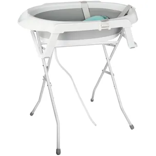Babybadewanne mit Ständer 84,5 cm, Babybadewanne auf Fuß, sicher und bequem, faltbare Babywanne mit Thermometer und Badewannenkissen – 63 x 60 x 84,5 cm, grau