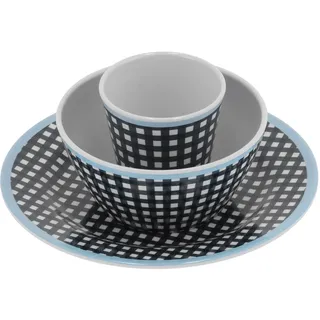 Set Aus Dunkelblauen, Karierten Keramik-obstschalen Und -tellern Für Zuhause Und Restaurant