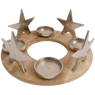Adventskranz Kerzenhalter XXL Aluminium Mangoholz Silber Metall Durchmesser 38 cm Weihnachten Sterne
