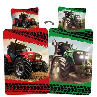 Jerry Fabrics Bettwäsche Roter Traktor - 2in1 Wende-Bettwäsche-Set, 135x200 & 80x80, 2 Motive, Baumwolle, 100% Baumwolle bunt