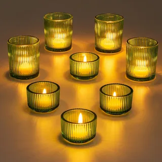 Glasseam Grün Teelichtgläser Klein, 8er Set Kerzenhalter Glas, Vintage Kerzengläser Teelichtglas, Gerippt Teelichthalter Weihnachten für Hochzeit, Teelicht Gläser für Halloween Geburtstag Tischdeko