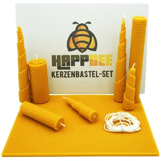 HappBee® Bienenwachs-Kerzen Bastel-Set mit Bienenwachsplatten und Docht für honiggelbe, duftende selbstgemachte Bienenwachskerzen | DIY-Geschenk-Set