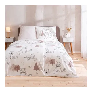 MTOnlinehandel Bettwäsche Waldtiere Eule Rehkitz Maus Fuchs 135x200 + 80x80 cm, 100 % Baumwolle, Renforcé, 2 teilig weiß