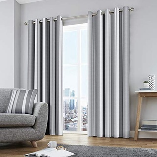 Fusion Whitworth Stripe Vorhänge mit Ösen, gestreift, 100% Baumwolle, 229 x 229 cm, 1 Paar Übergardinen, Grau