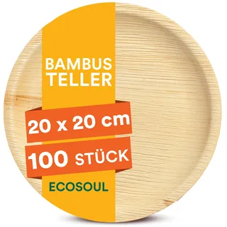 ECO SOUL Bambus teller 8"(20 cm) Papteller Einwegteller(100 Stück) | 100% natürliches Bambus, Extra stabil für heiße & kalte Speisen, Fett & schnittfest, Kompostierbare Alternative zu Plast