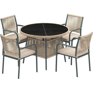 Modernes 5-teiliges Gartenmöbel-Set, runder Tisch mit gehärteter Glasplatte, 4 Armlehnstühle mit Seilrücken, Grau