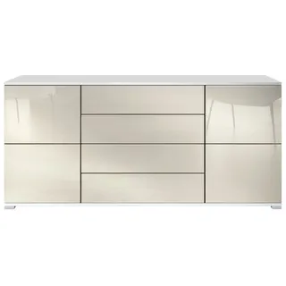 Vladon Sideboard Rova V2 (Kommode mit 4 Türen, 4 Schubladen, Made in Germany), Weiß matt/Creme Hochglanz (166,5 x 75,5 x 35) gelb