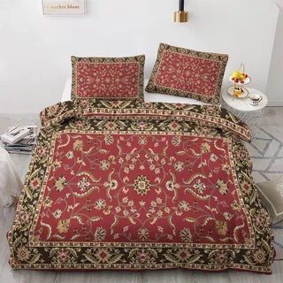 Orientalisch Bettwäsche 155x220 Sommer - Rot Schwarz Gold Traditionell Blumen Bettbezug 155x220 3teilig mit 2 Kissenbezug 80x80, Weiche Mikrofaser Sommerbettwäsche mit Reißverschluss J-&220