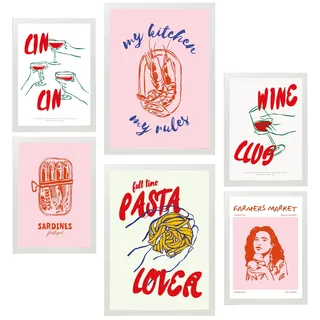 POSTER Set Mit 6 Von Lebensmitteln & Essen Im Pop Art In Rosatönen A3 & A4 Weißer Rahmen