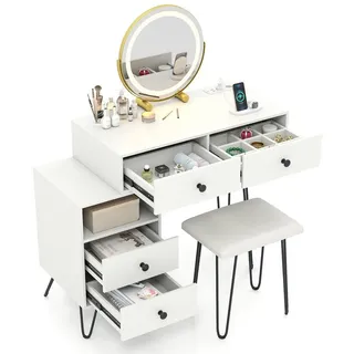 COSTWAY Schminktisch (1-St), Kosmetiktisch Set mit Hocker, Spiegel, Steckdose weiß