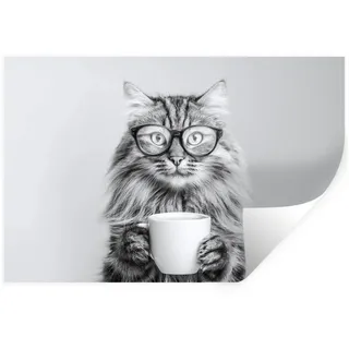 MuchoWow Wandsticker Katze - Brille - Becher - Flauschig (1 St), Wandtattoo, Selbstklebend, Wohnzimmer, 60x40 cm 60 cm x 40 cm x 0.1 cm