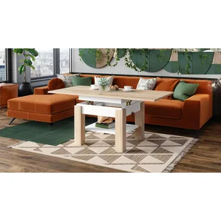 designimpex Cleo Couchtisch aufklappbar höhenverstellbar 75/150 cm in Sonoma Eiche/Weiß Matt modern Ablage Wohnzimmertisch Esstisch Beistelltisch Sofatisch Couch Tisch Living Room Table Wohnzimmer