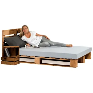 sunnypillow Palettenbett mit Kopfteil Holzbett 80 90 100 120 140 160 180 200 220 240 x 200 cm, 200x200 cm Eiche orange 200 cm