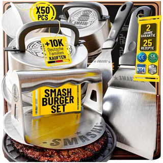 SMASHI® Smash Burger Set mit 2 Burgerglocken & Burgerpresse aus Edelstahl 304 – Burgerpresse Set mit Grillspachtel & 50 Antihaftpapieren – Burger Grill Set mit Rezepten – Das Original