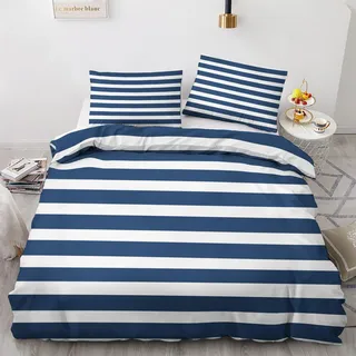 NOGAWA Blau Weiß Gestreift Bettwäsche 200x220 - Bettbezug 200x220 Maritim Maritim, Bettwäsche-Sets 3 teilig, Weich Mikrofaser Wendebettwäsche und 2 Kissenbezug 80x80 mit Reißverschluss