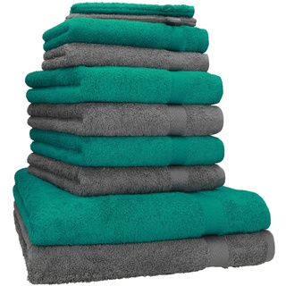 Betz 10-tlg. Handtuch-Set PREMIUM 100%Baumwolle 2 Duschtücher 4 Handtücher 2 Gästetücher 2 Waschhandschuhe Farbe Smaragd Grün & Anthrazit Grau