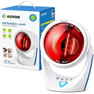 AUVON 300W Rotlichtlampe, Infrarotlampe bei Erkältung & Muskelverspannung, 290 W/m2 Wärmelampe für Rucken Nacken Schulter Muskel, UV-Schutz Keramik-Glas, Stufenlos Schirm Verstellbar, 3-Stufe-Timer